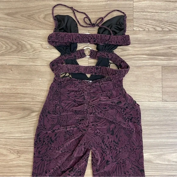 Outcast Clothing Jett Purple Butterfly Burnout Velour Sexy Jumpsuit - Picture 12 of 13